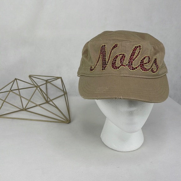 Distressed Red Crystal Gold Stud NOLES Florida State Hat Military Newsie Style - Picture 2 of 4